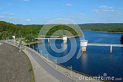 Aerial of the beautiful Gileppe River in Belgium and the surrounding landscape Stock Photo