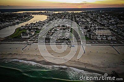 Aerial of Belmar Beach Sunset in New Jersey Stock Photo