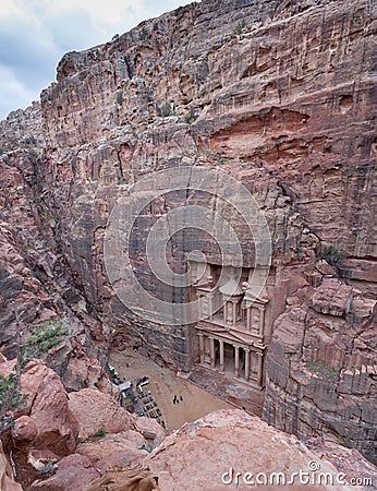 Aerial or bird view on Al-Khazneh (The Treasury), Beautiful temple in the ancient Arab Nabatean Kingdom city of Petra Stock Photo