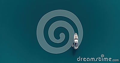 Aerial yacht on calm sea. Luxury cruise trip. View from above of white boat on deep blue water. Aerial view of rich Stock Photo