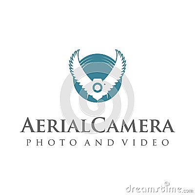 Aerial Camera Photograph Logo. Photo Camera with Bird Wings Logotype Stock Photo