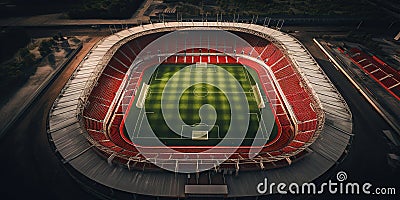 Aerial captivating view of an empty soccer stadium, where the echoes of past cheers intertwine with the anticipation of Stock Photo