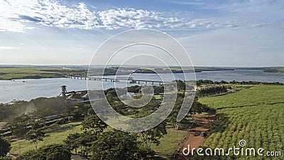 Aerial capture of the tietÃª river - Intermodal waterway port Stock Photo