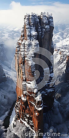 Aerial Cathedral Bluff: A Snowy Mountain Rock Formation Stock Photo