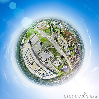 Aerial city view with crossroads and roads, houses buildings. Copter shot. Panoramic image. Stock Photo