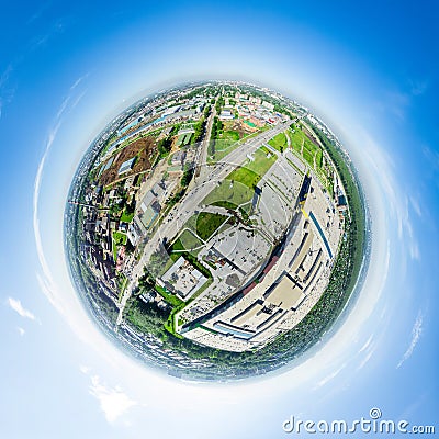 Aerial city view with crossroads and roads, houses buildings. Copter shot. Panoramic image. Stock Photo
