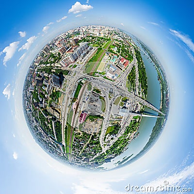 Aerial city view with crossroads and roads, houses buildings. Copter shot. Panoramic image. Stock Photo