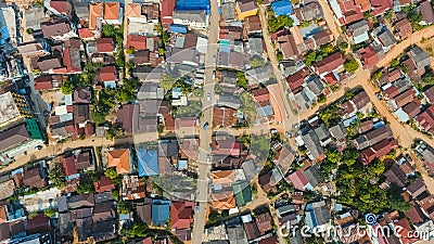 Aerial city view with crossroads and roads, houses, buildings, parks and parking lots, bridges. Copter shot. Stock Photo