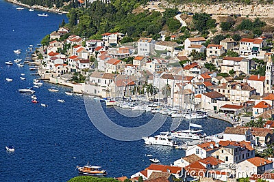 Aerial city view, typical Mediterranean architecture, port for yachts and ships, Vis, Croatia Editorial Stock Photo
