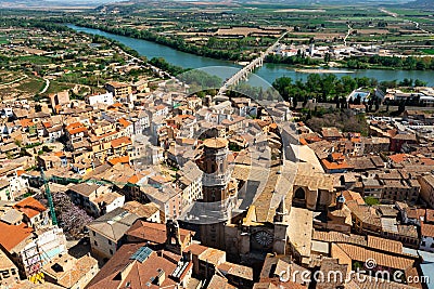 Aerial cityscape of Tudela with view of Ebro River and cathedral Stock Photo