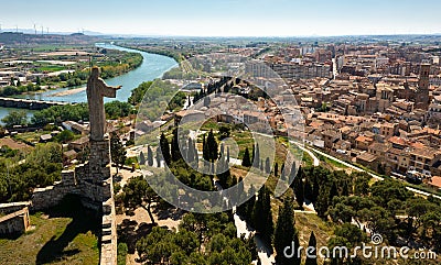 Aerial cityscape of Tudela with view of large Jesus statue Stock Photo