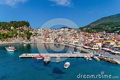 Aerial cityscape view of the coastal city of Parga, Greece during the Summer Editorial Stock Photo