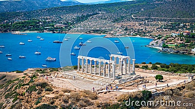 Aerial close up view of the ancient Temple of Poseidon at Cape Sounion Stock Photo