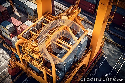 Aerial close up view of a cargo container ship at the pier of cargo seaport. Port cranes stack containers onboard a Cartoon Illustration