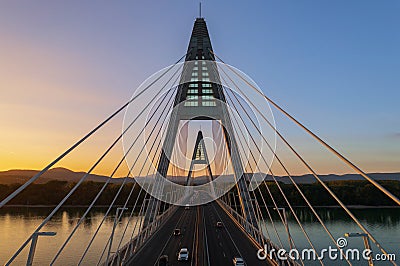 Aerial close up view about the famous Megyeri bridge at sunset Stock Photo