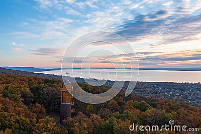 Aerial close up view about the freshly renovated lookout tower at Revfulop. Lake Balaton at the bakcground. Stock Photo