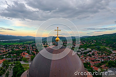 Aerial close up view about the main dome of the Basilica of Esztergom. Stock Photo