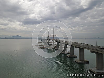 Aerial cloudy day at Penang Bridge. Editorial Stock Photo