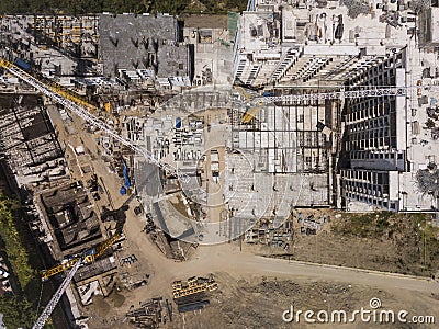 Aerial of a construction site, midrise residential condominiums constructed with prefab concrete. Stock Photo