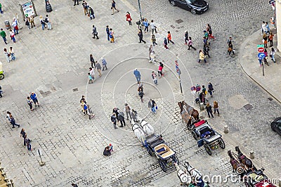 Aerial of crowded Stephansplatz in Vienna with fiakers Editorial Stock Photo