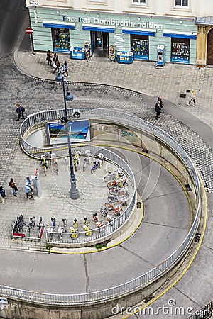 Aerial of crowded Stephansplatz in Vienna with parking garage Editorial Stock Photo