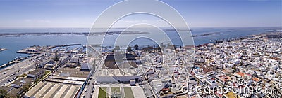 Aerial daytime view of Olhao downtown and Marina seascape. Algarve. Portugal. Stock Photo