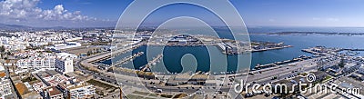 Aerial daytime view of Olhao fishing dock and seascape. Algarve. Portugal. Stock Photo