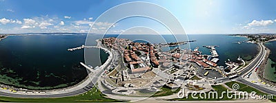 Aerial 360 Degree full sphere Panoramic photo view of the beach front on the beach of Sunny Beach in Bulgaria showing the Stock Photo