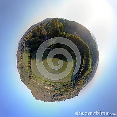 Aerial 360 degrees panorama over hills and polo fields at sunset Stock Photo