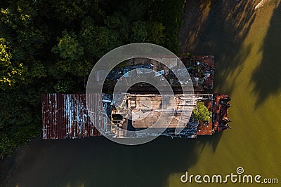 Aerial of Derelict Houseboat - Abandoned Marina - Kentucky Stock Photo