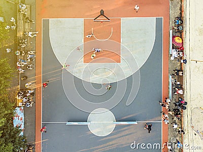 Aerial directly above view of street basketball court competition with the people playing Editorial Stock Photo