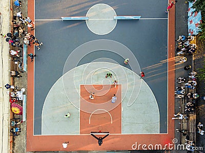 Aerial directly above view of street basketball court competition with the people playing Editorial Stock Photo