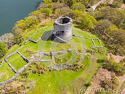 Aerial of Dolbadarn Castle at Llanberis in Snowdonia National Park in Wales Stock Photo
