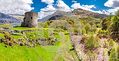 Aerial of Dolbadarn Castle at Llanberis in Snowdonia National Park in Wales Stock Photo