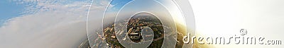 Aerial drone 180 degree panoramic view on polluted with smog city during sunrise Stock Photo