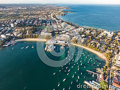 Aerial drone evening view of the Sydney suburb of Manly, a beach-side suburb of northern Sydney, in the state of New South Wales. Stock Photo