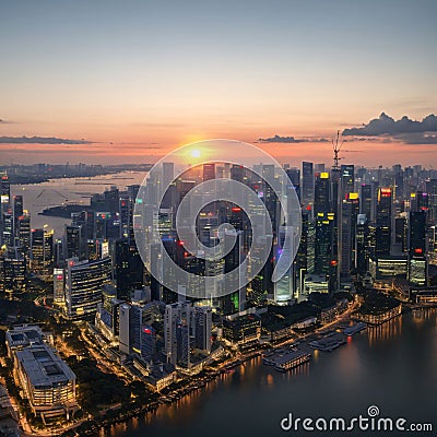 Aerial drone panorama image of the Singapore skyline made with Generative AI Stock Photo