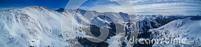 Aerial Drone Panorama Photo - Colorado Rocky Mountains after a fresh winter storm Stock Photo