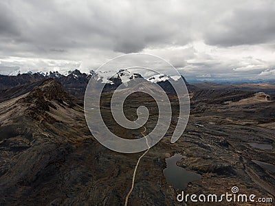 Aerial panorama view of Pastoruri Glacier melting snow ice lake Cordillera Blanca Huaraz Ancash Peru Andes South America Stock Photo