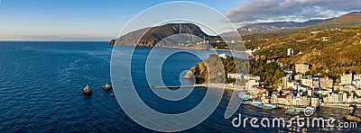 Aerial drone panoramic view landscape of South Cost of Crimea Stock Photo