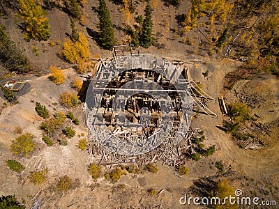 Aerial drone photo - Abandoned mine shack in the Colorado Rocky Mountains Stock Photo