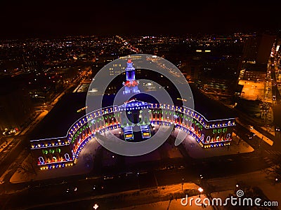 Aerial drone photo - Christmas lights on City Hall, Denver Colorado Editorial Stock Photo