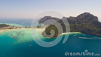 Aerial drone photo of iconic tropical beach and resorts of Phi Phi island Stock Photo