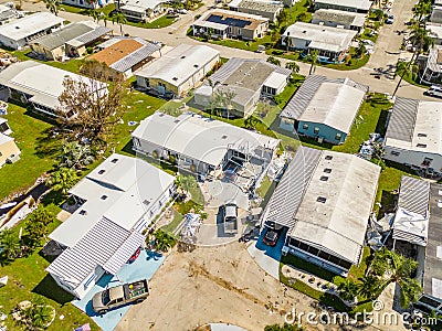 Aerial drone photo of mobile home trailer parks in Fort Myers FL which sustained damage from Hurricane Ian Stock Photo