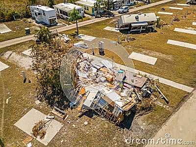 Aerial drone photo of mobile home trailer parks in Fort Myers FL which sustained damage from Hurricane Ian Stock Photo