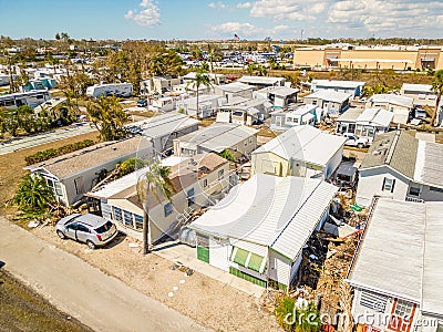 Aerial drone photo of mobile home trailer parks in Fort Myers FL which sustained damage from Hurricane Ian Stock Photo