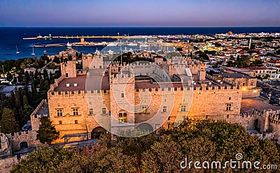 Aerial drone photo of Palace of the Grand Master in Rhodes, Greece. sunset view of the fortress and port Stock Photo