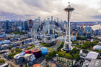 Aerial drone photo of the Seattle Space Needle and downtown Editorial Stock Photo