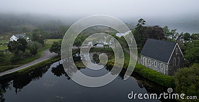 Aerial drone photo of St Finbarr Church, Gougane Barra, West ireland Stock Photo