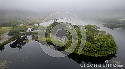 Aerial drone photo of St. Finbarr's Church, Gougane Barra, West ireland Stock Photo